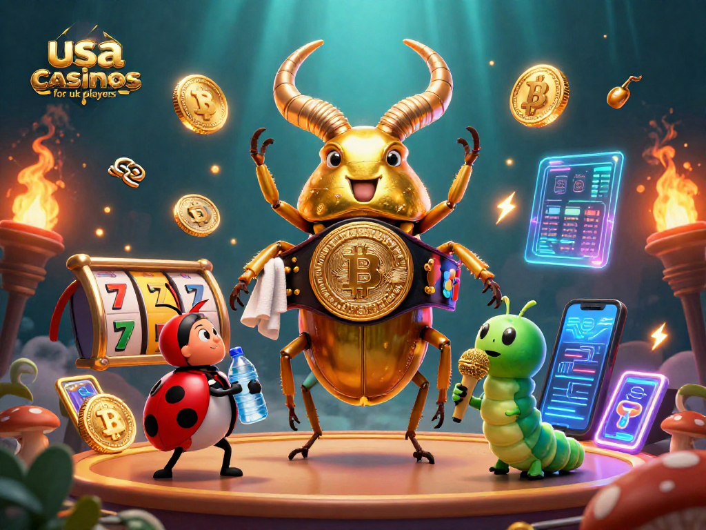 Engage with usa casinos for uk players featuring vibrant characters, slot reels, and crypto elements in a dynamic scene.