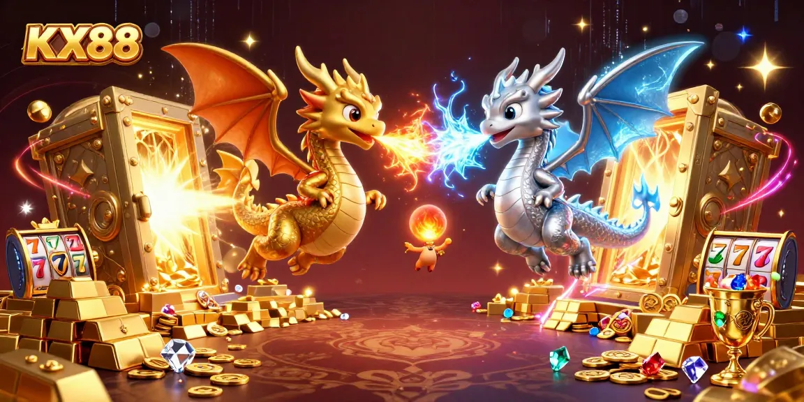 KX88 captures the thrill of gambling with a dynamic scene featuring twin dragons, gaming elements, and treasure.