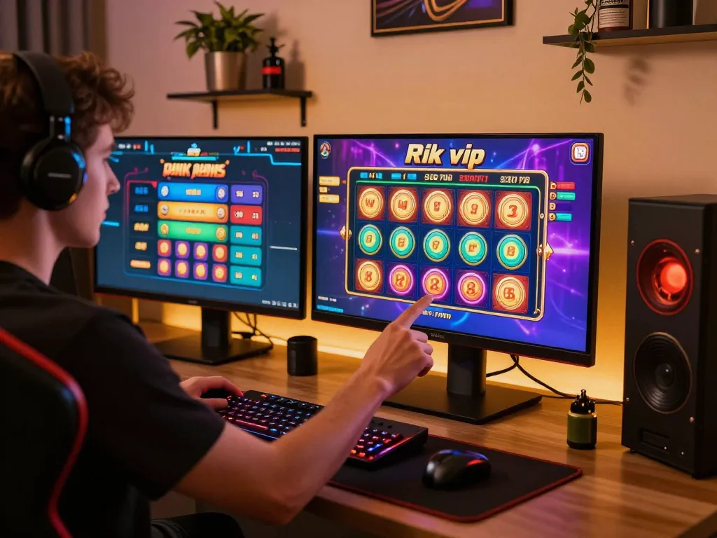 Player spins the reels on Rik vip online slots in a vibrant home gaming setup