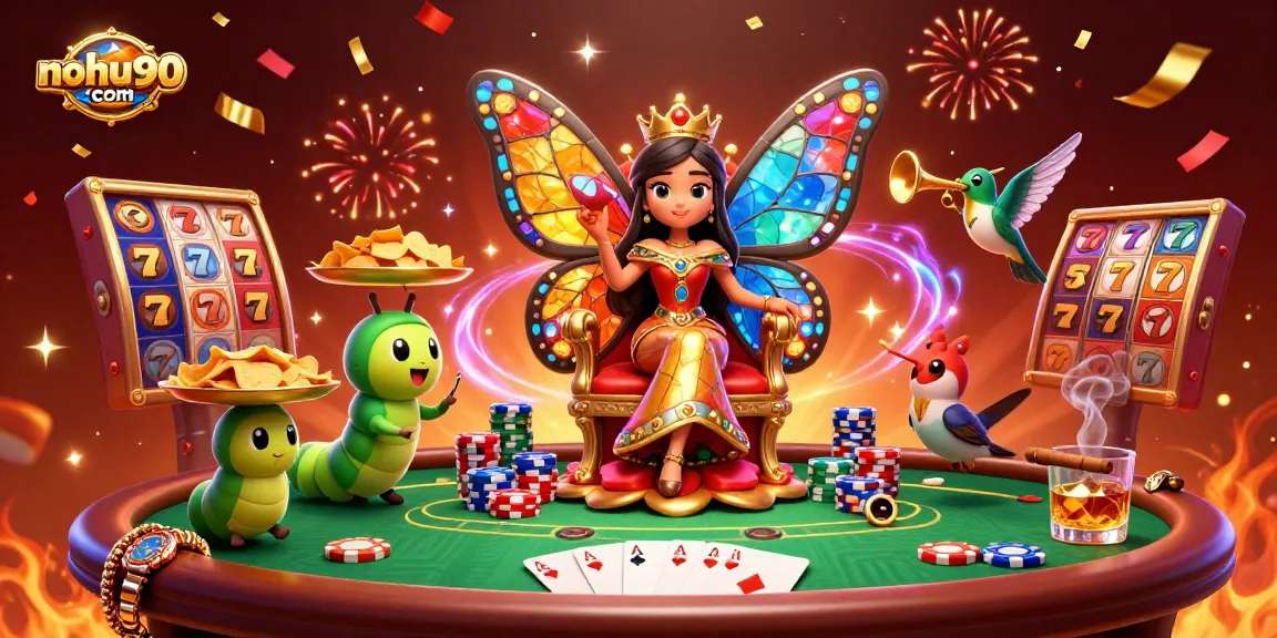 Nohu90com showcases vibrant online casino strategies with a colorful butterfly queen and festive slot elements.