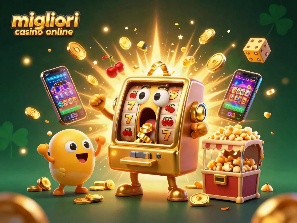 Migliori casino online: slot machine d'oro vince un jackpot, mentre piccole slot applaudono.