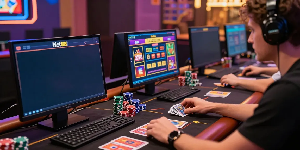A user engaging with the Net88 gaming platform at https://net88.broker/, showcasing excitement and vibrant casino elements.
