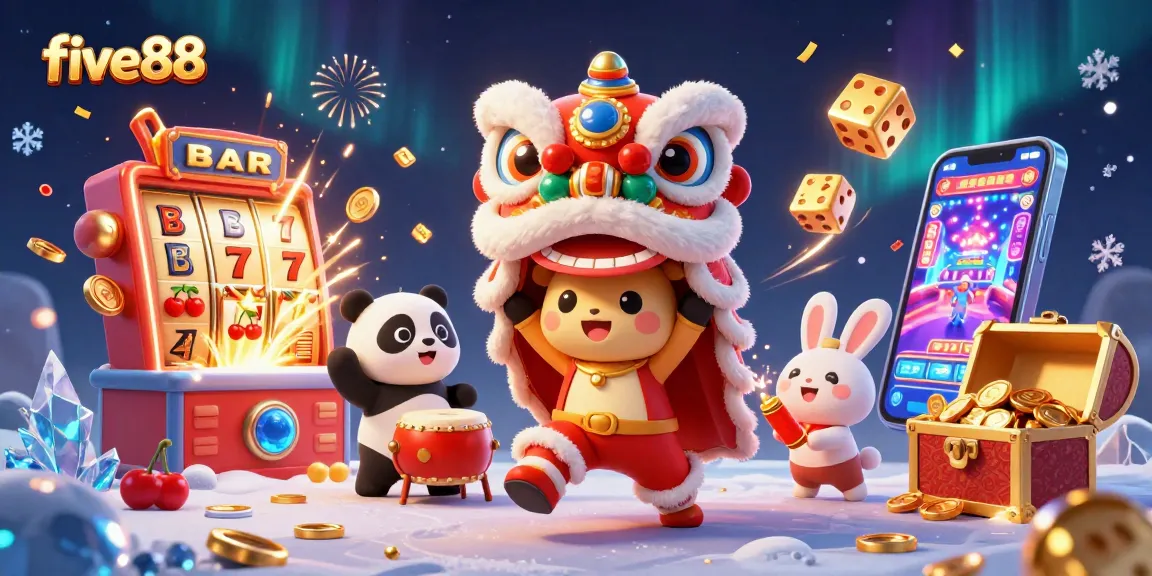 Experience the excitement of five88 with a vibrant 3D casino illustration featuring festive characters and dynamic gaming elements.