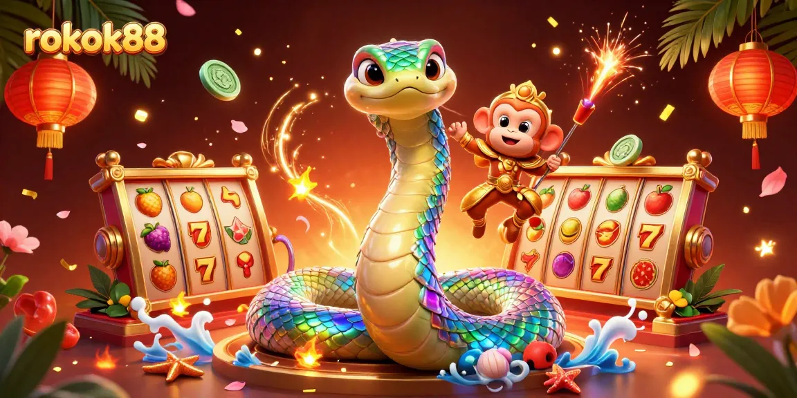 Experience vibrant rokok88 gameplay with dazzling symbols and characters in a rich casino scene.