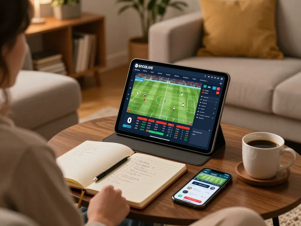 SOCOLIVE live betting action on a tablet in a cozy home setting with strategic notes and a relaxing atmosphere.