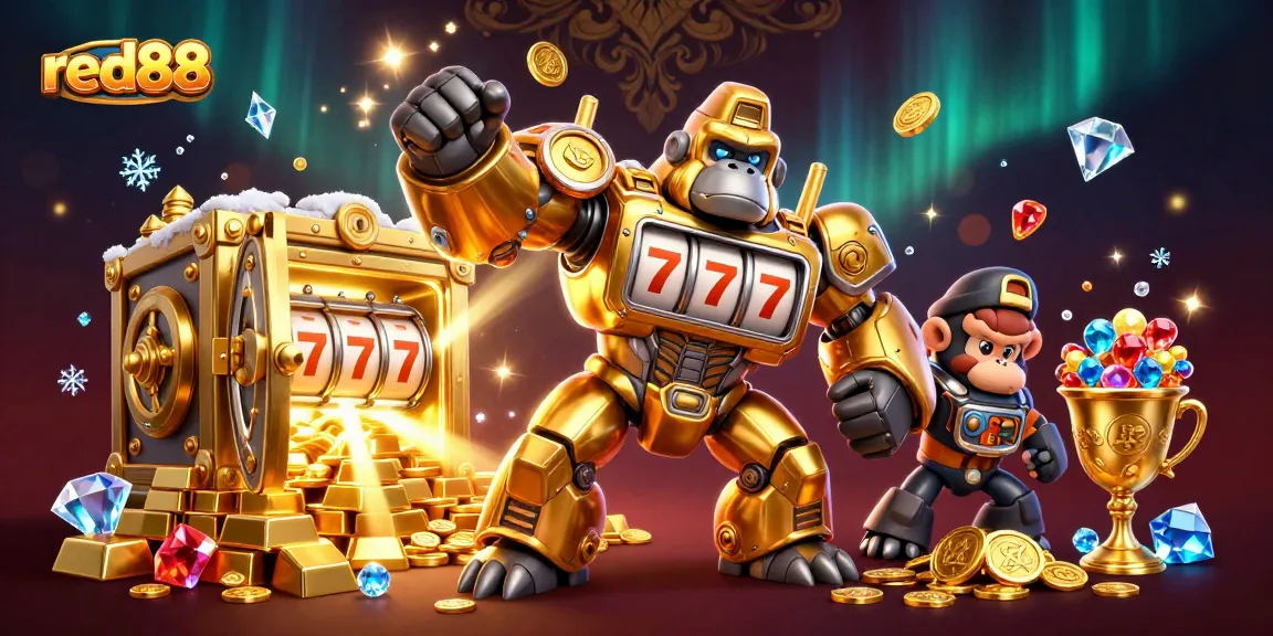 Experience the excitement of red88 with a dynamic illustration featuring a golden gorilla mech and slot treasures.