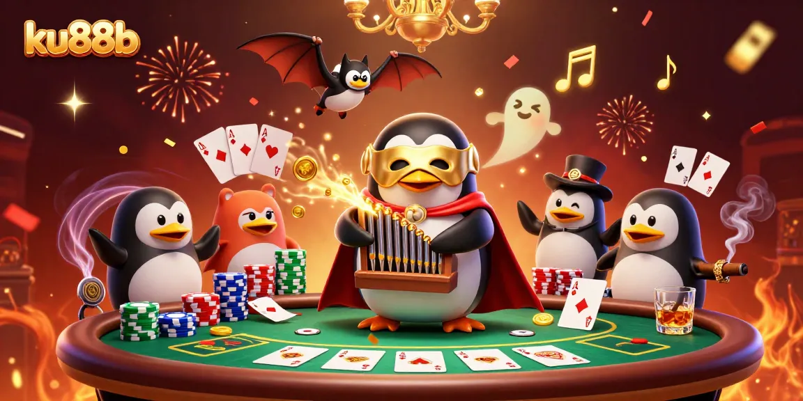 Engage with ku88b at an exciting casino scene featuring a penguin playing an organ shooting coins.