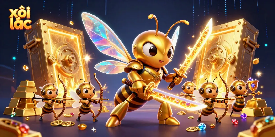 Xôi lạc showcases thrilling interaction with a giant golden hornet and treasure in a vibrant casino setting.