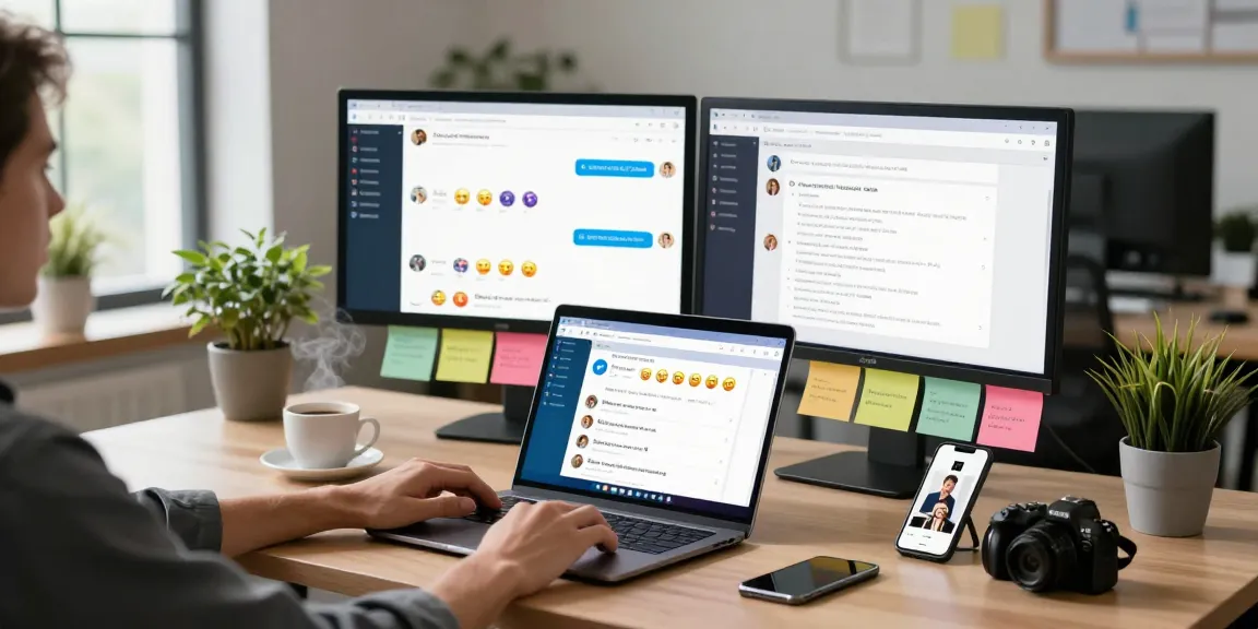 Using the Telegram Web Version to connect with colleagues in a modern office setup, showcasing chat threads and video calls.