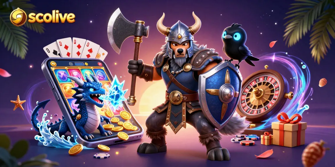 Experience thrilling socolive gameplay with a Viking warrior, dragon, and magical casino elements.