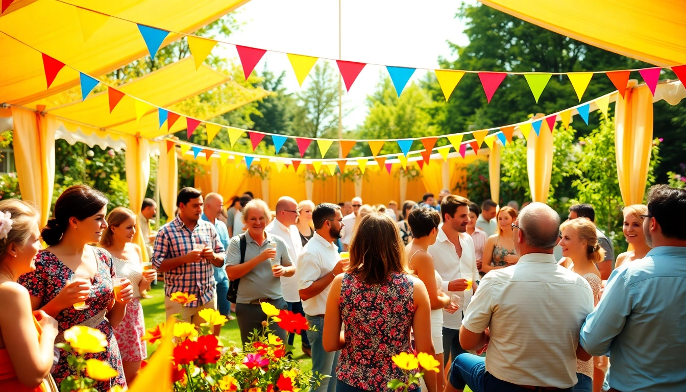 Experience Outdoor Party Rentals with a lively garden celebration featuring guests, tents, and decorations.