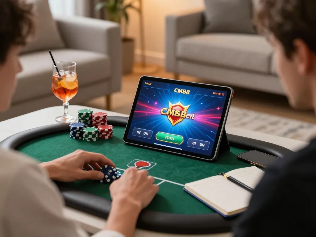 Player engaging in online poker game at home on CM88 platform with vibrant graphics and chips
