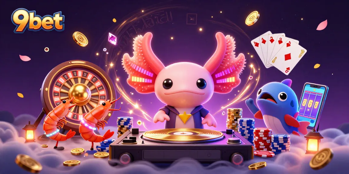 9bet showcases an underwater casino scene with vibrant axolotl DJ and festive shrimp, celebrating wins.