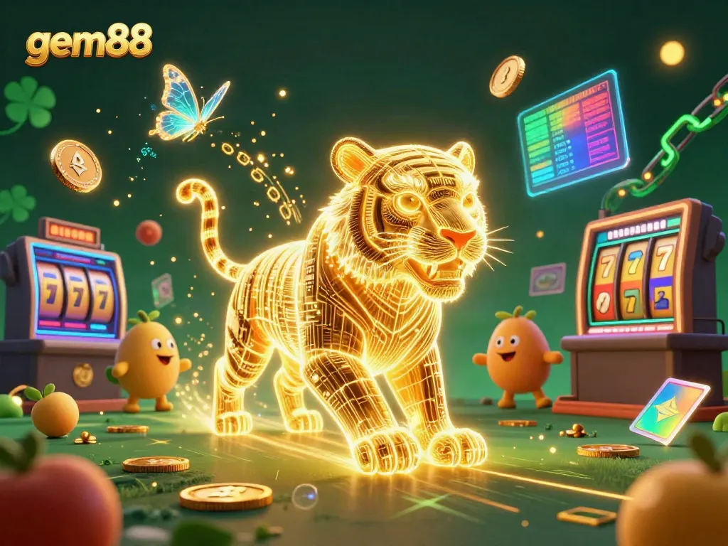 Experience thrilling moments with gem88 as the golden tiger and virtual crypto symbols create an electrifying casino atmosphere.