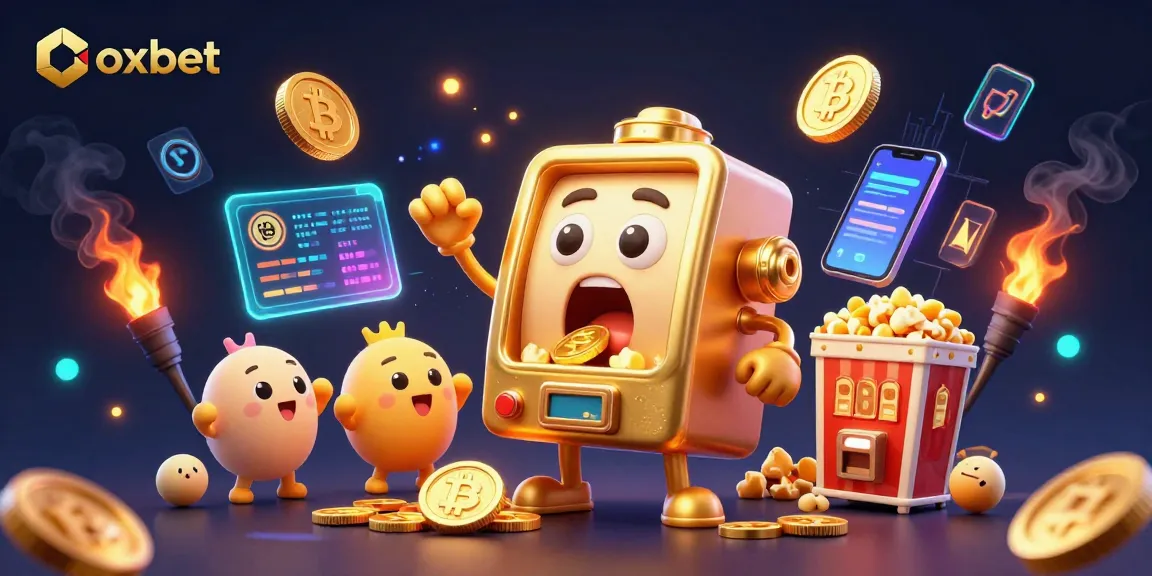 oxbet's vibrant slot machine scene hitting a jackpot amidst crypto and casino elements.