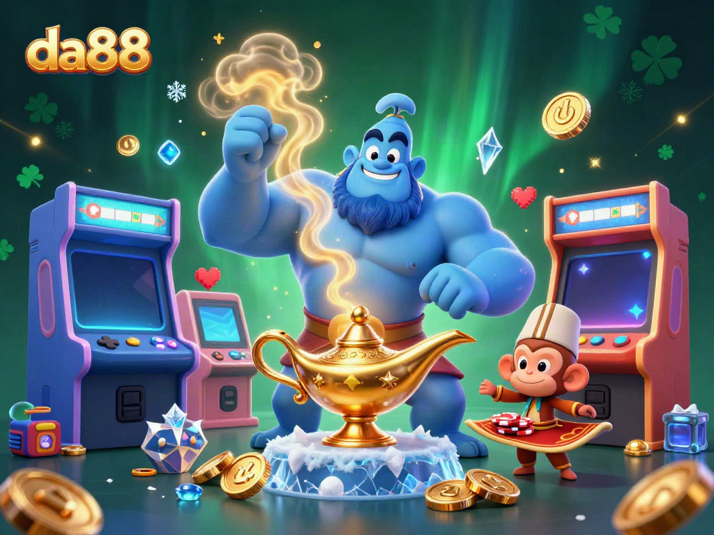 Experience thrilling gaming action with da88’s vibrant casino illustration featuring iconic characters and game elements.