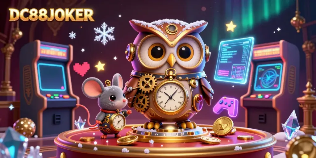 Engage with DC88JOKER's vibrant 3D cartoon scene showcasing steampunk elements and casino games.