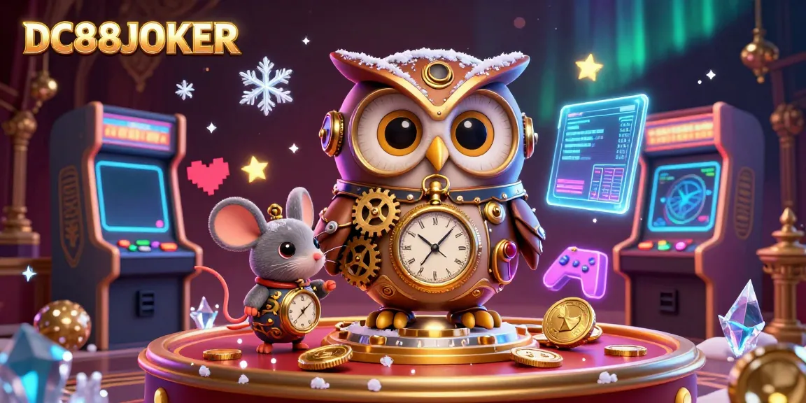 Engage with DC88JOKER's vibrant 3D cartoon scene showcasing steampunk elements and casino games.