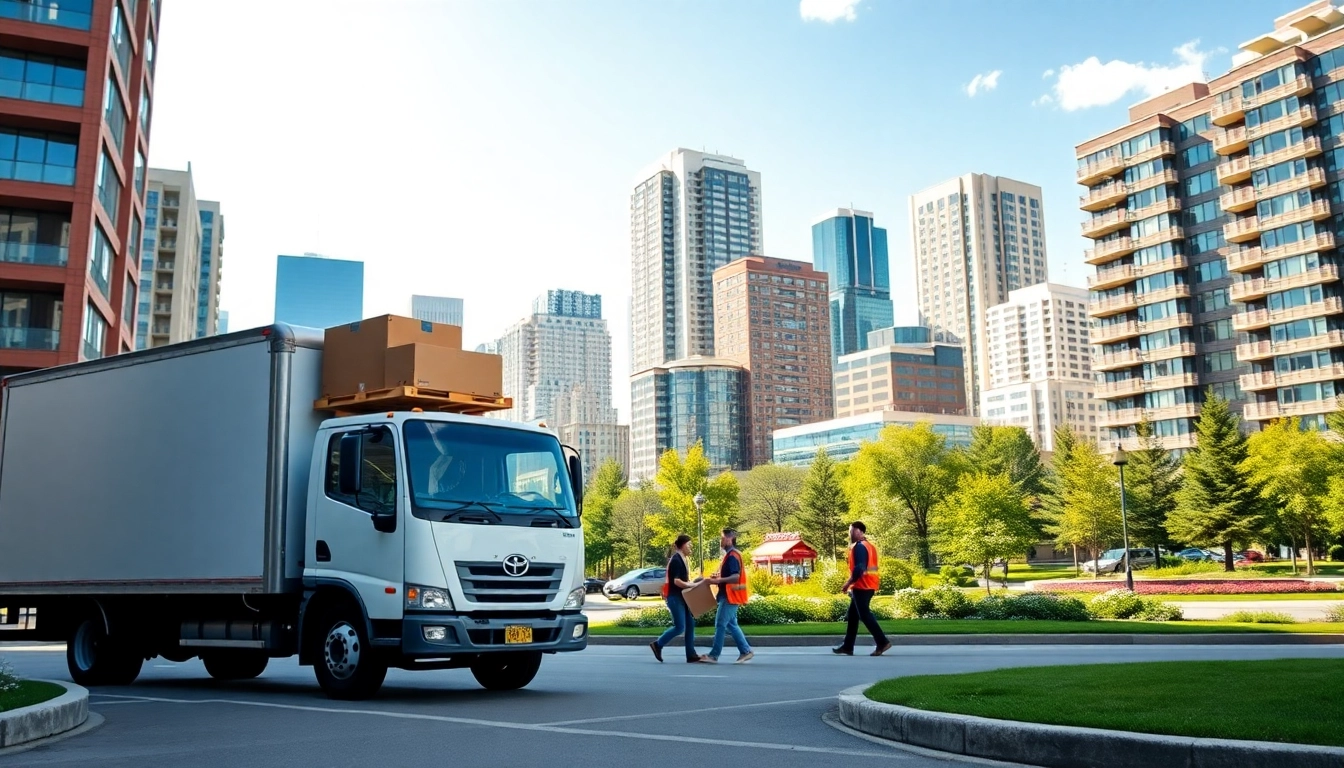 Calgary movers efficiently loading a moving truck in a vibrant urban setting.
