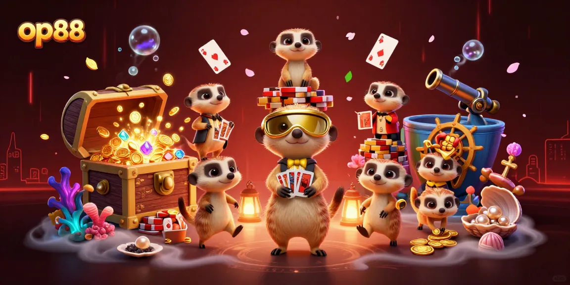 Engage in excitement at op88's casino with a meerkat pit boss overseeing lively games and treasures abound.