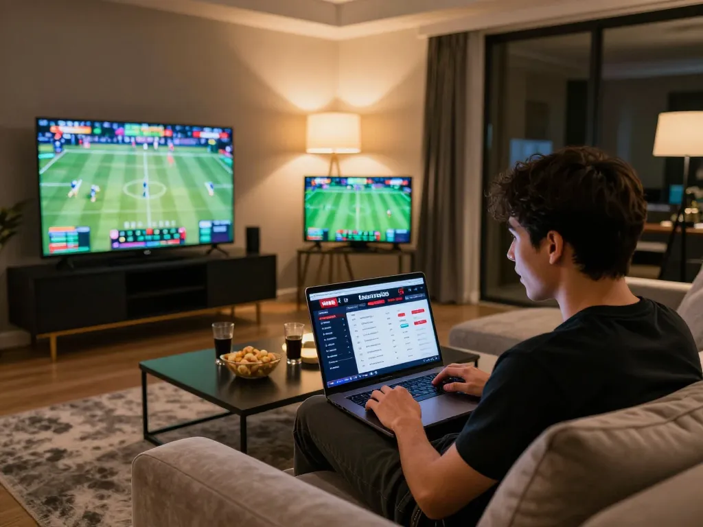 Exciting sports betting moment with Vmax trang chủ displayed on laptop and live sports action