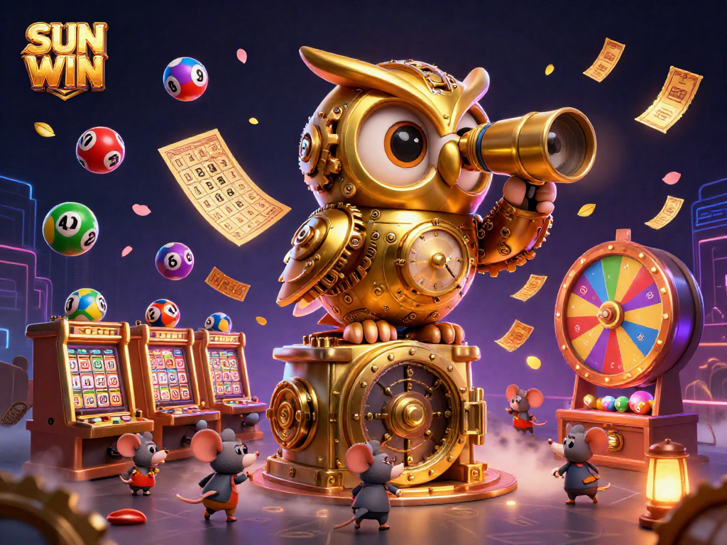 Chơi SUN WIN với một trò chơi casino sống động bao gồm một cú mèo hóa vàng và những quả bóng xổ số màu sắc.