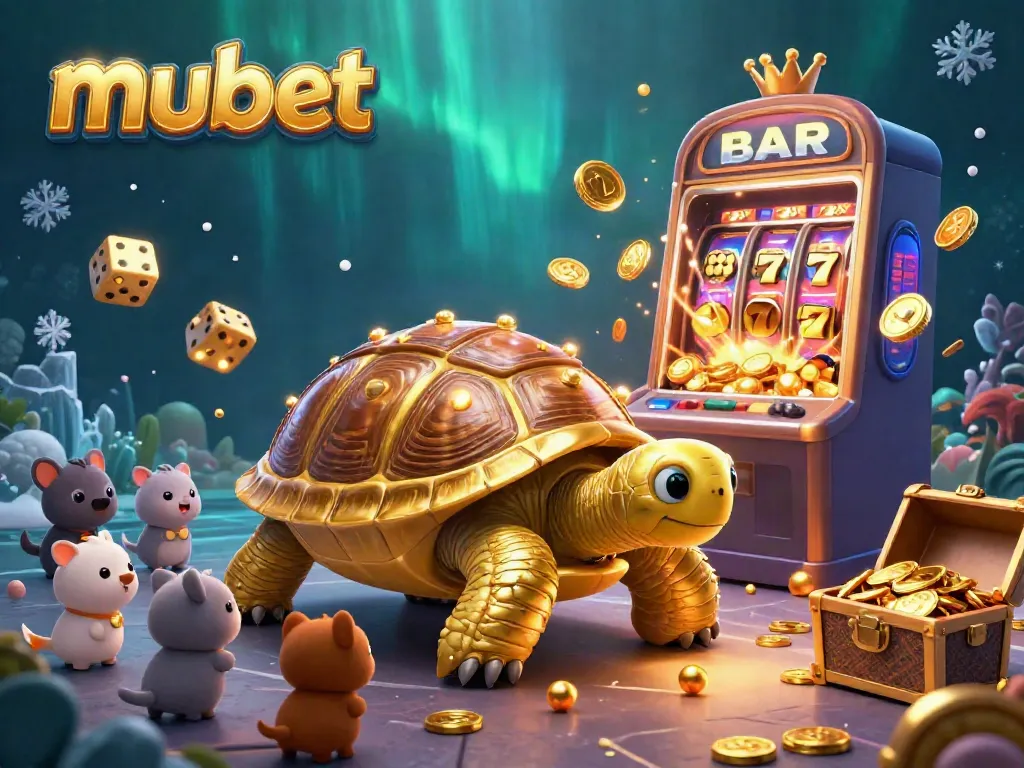 Experience thrilling wins with mubet's vibrant 3D casino adventure featuring a pinball tortoise and slot machine fireworks.
