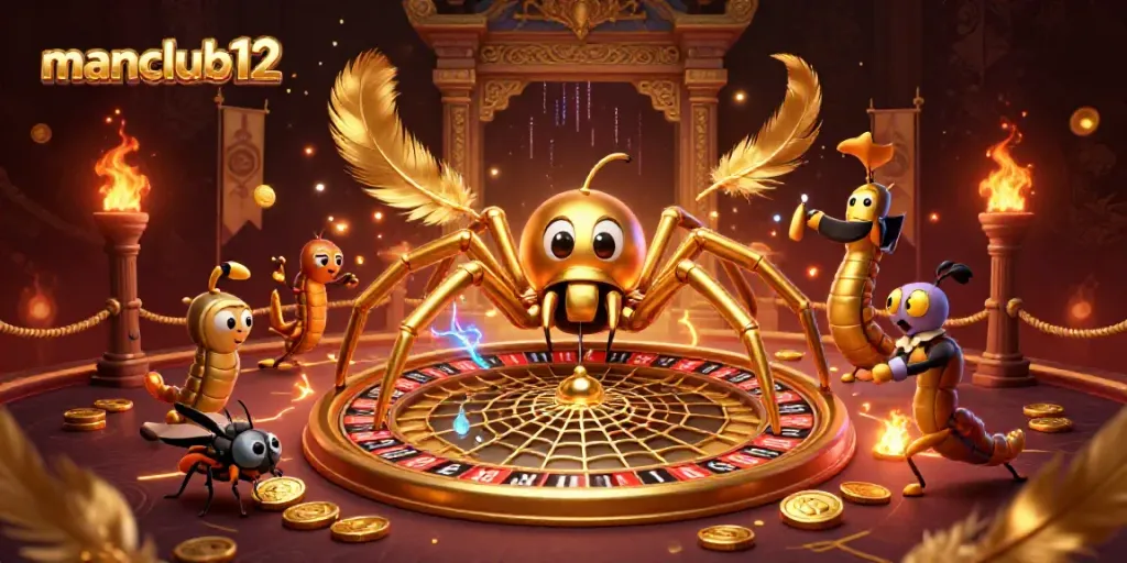 Experience thrilling bets at manclub12, with a golden spider spinning roulette webs and a centipede croupier.