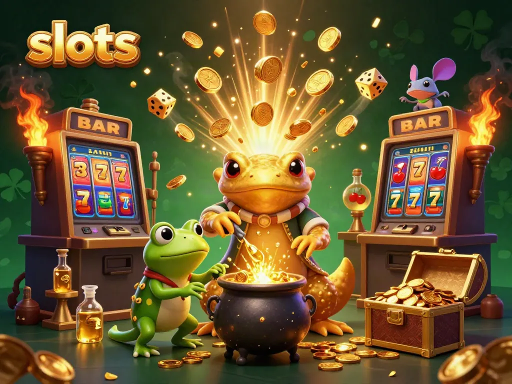 Experience thrilling slots action with a golden salamander alchemist and dynamic jackpots in this 3D illustration.