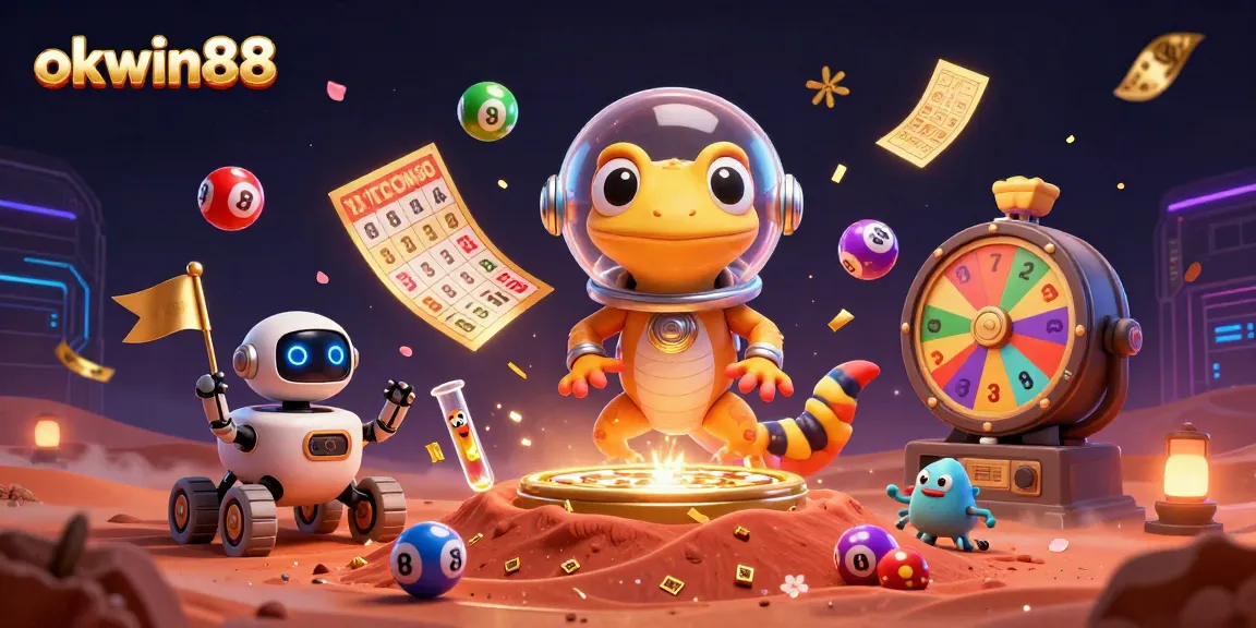 Engage with okwin88 in a colorful 3D casino scene featuring a Martian gecko and lottery balls.