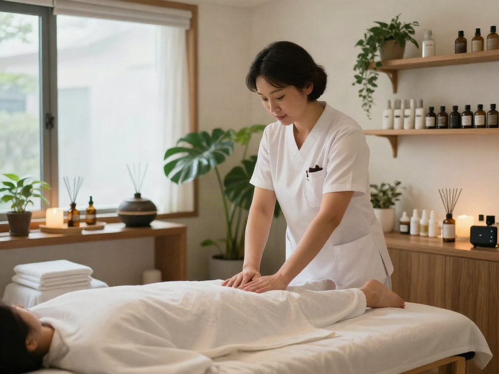 Relaxing massage therapy studio promoting 종로출장안마 services with serene ambiance.