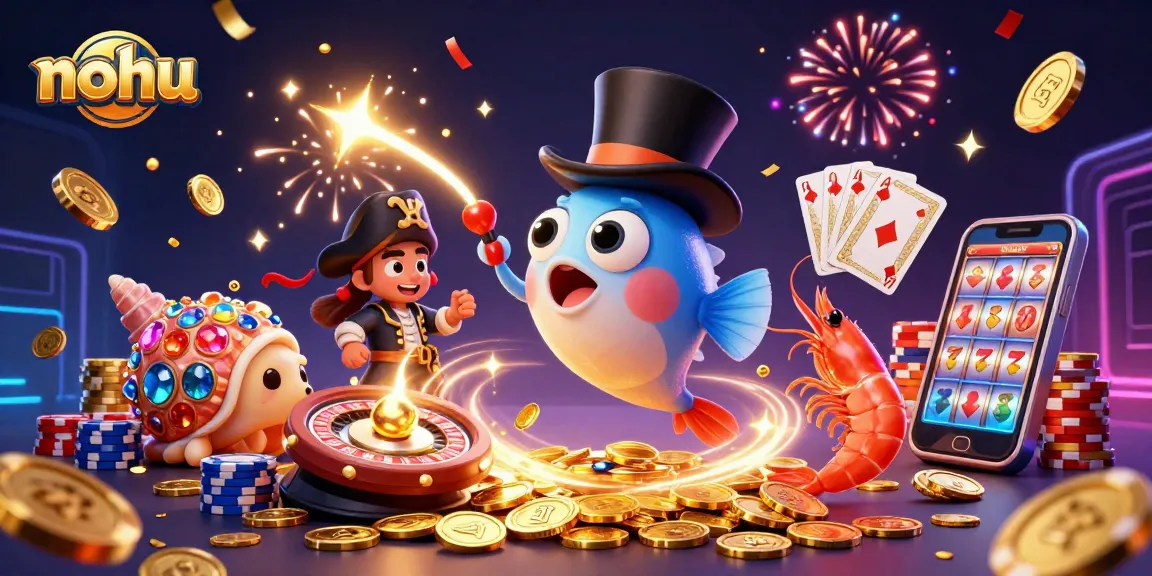 Nohu's anglerfish character attracts golden coins in a dazzling casino-themed underwater scene.