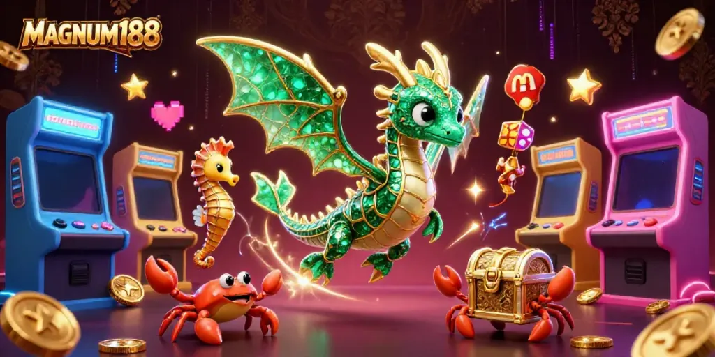 Engage with MAGNUM188's vibrant gaming experience featuring animated creatures, arcade games, and treasure chests.