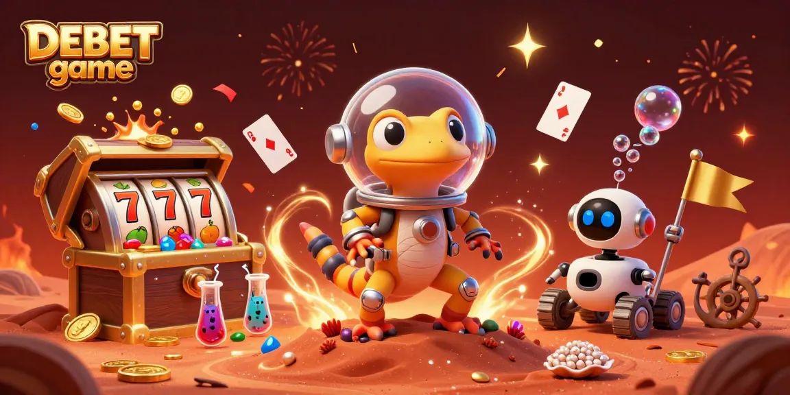 Engage in the DEBET game with a thrilling 3D illustration featuring a Martian gecko uncovering a golden casino