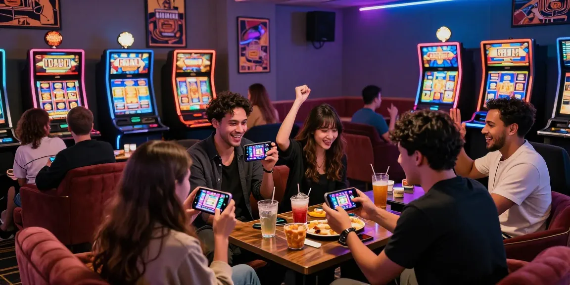 Exciting group playing slot88 apk on smartphone with colorful graphics in a lively casino setting.