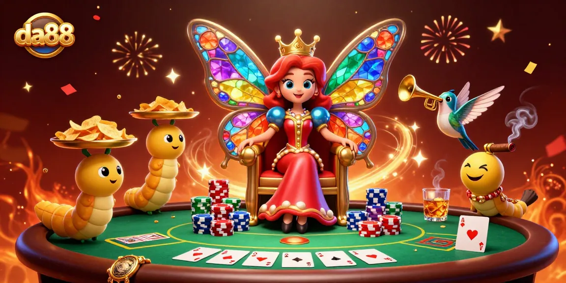 Experience the excitement of da88 with a regal butterfly queen in a vibrant casino scene.