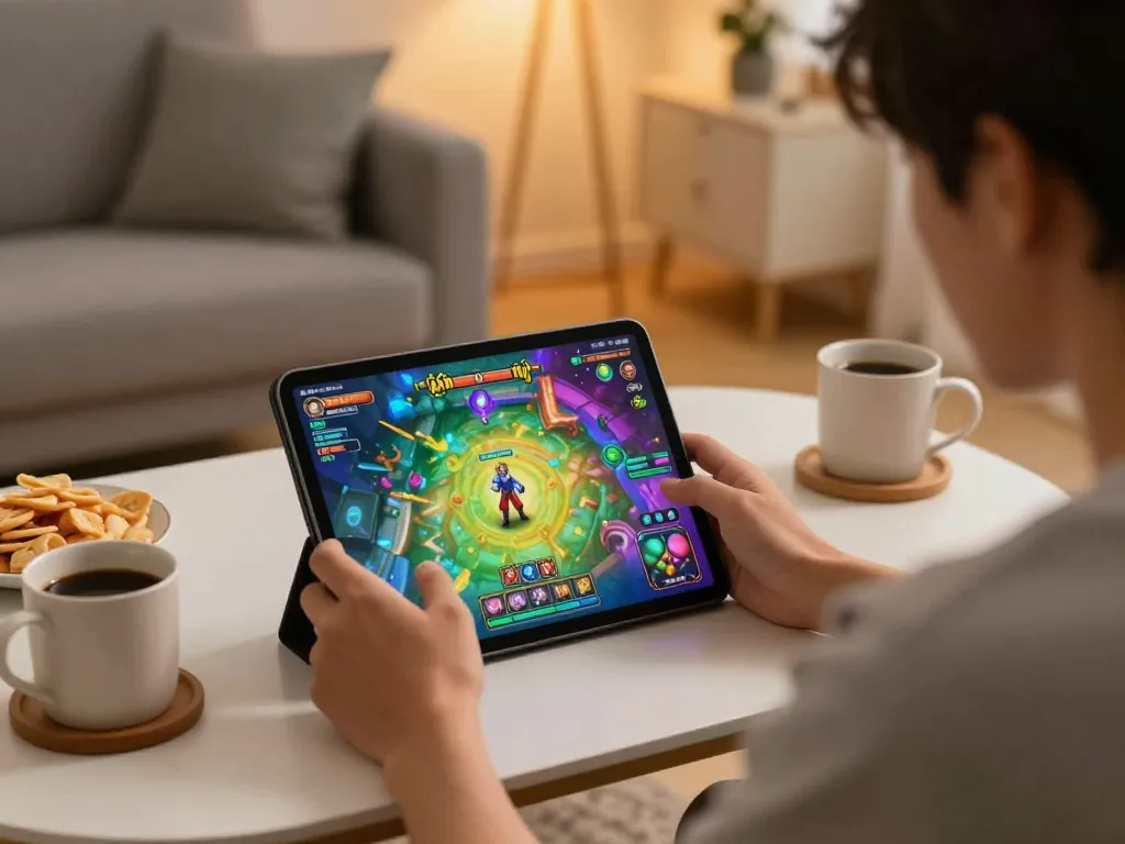 Play a thrilling game nổ hũ on a tablet in a cozy home setting with snacks and warm lighting.