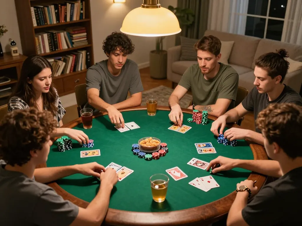 Friends strategizing during a poker game night at home, highlighting the thrill of f8bet.