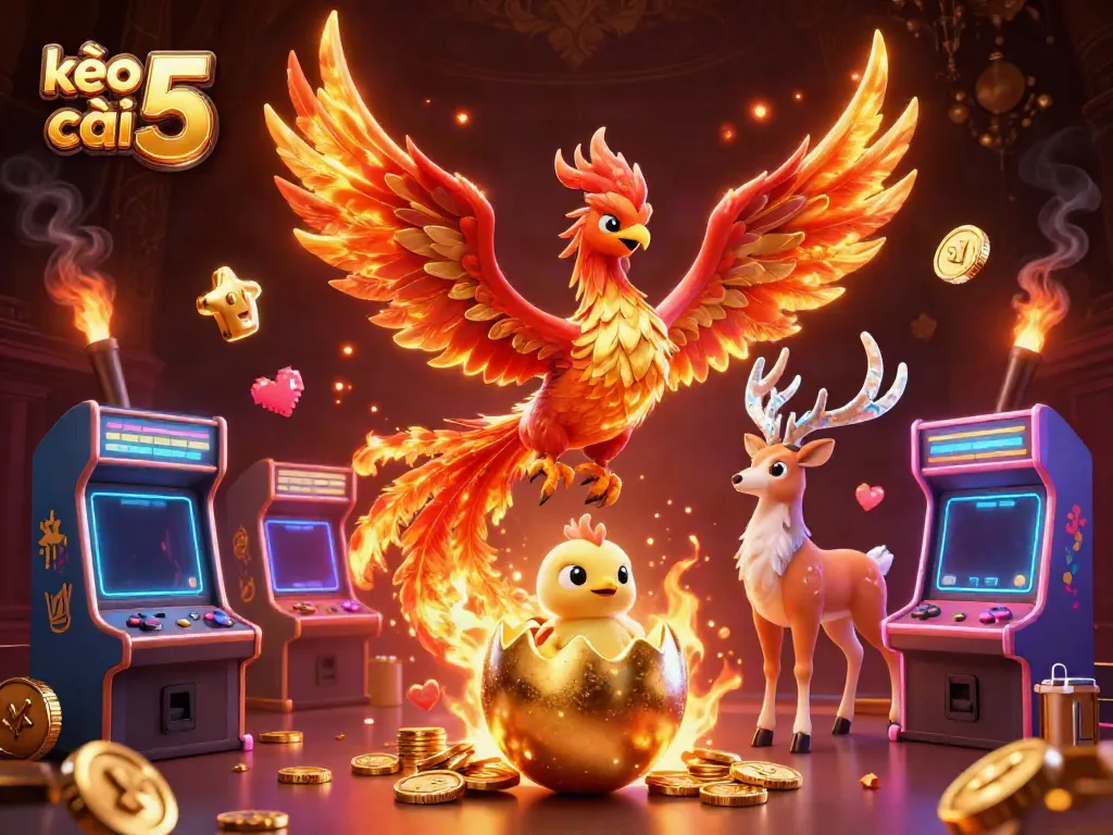 Experience kèo nhà cái 5 dynamically with a vibrant 3D illustration featuring a phoenix and gaming elements.