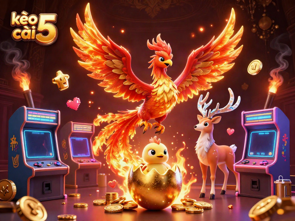 Experience kèo nhà cái 5 dynamically with a vibrant 3D illustration featuring a phoenix and gaming elements.