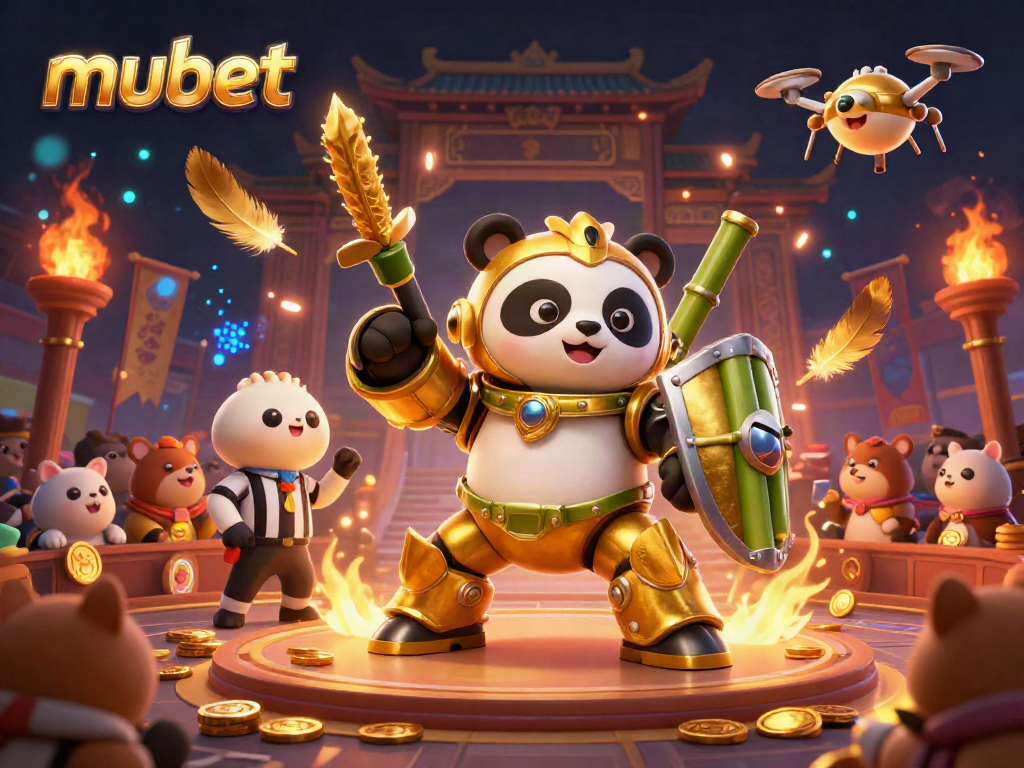 Engage in thrilling action with mubet as a golden panda battles in a dynamic casino arena.