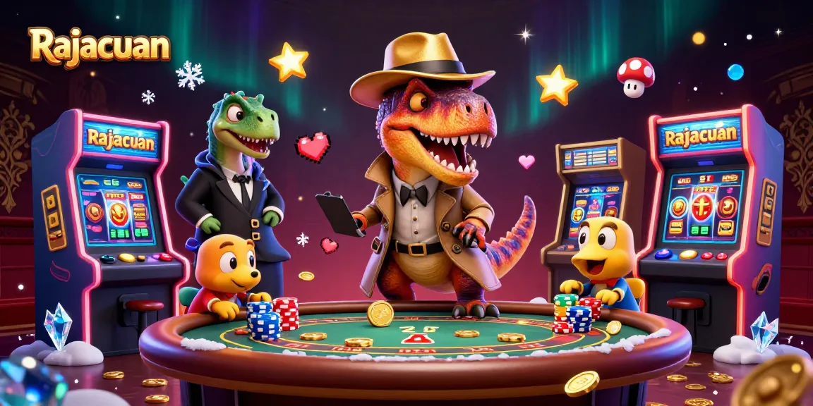 Taruhan Rajacuan dengan velociraptor cerdik dan stegosaurus sebagai bandar di meja blackjack yang penuh dengan koin emas.