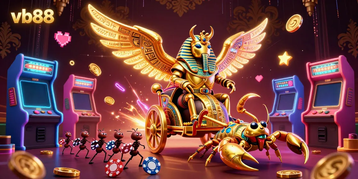 Experience the excitement of vb88 with a vibrant 3D illustration of a colossal golden scarab beetle in a chariot, surrounded by colorful gambling elements.