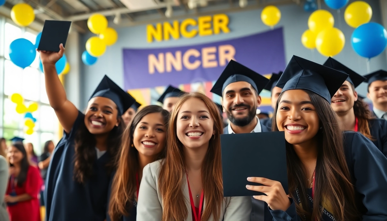Achieving nccer certification celebrated with joyful individuals and festive decorations.