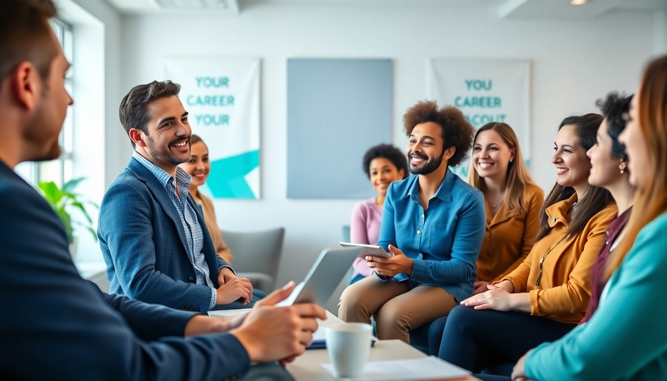 Career coaching workshop with diverse participants engaging actively and learning.