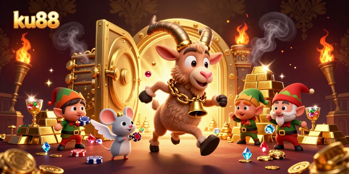 Experience the thrill of ku88 with a chaotic casino scene featuring whimsical characters and lavish treasures.