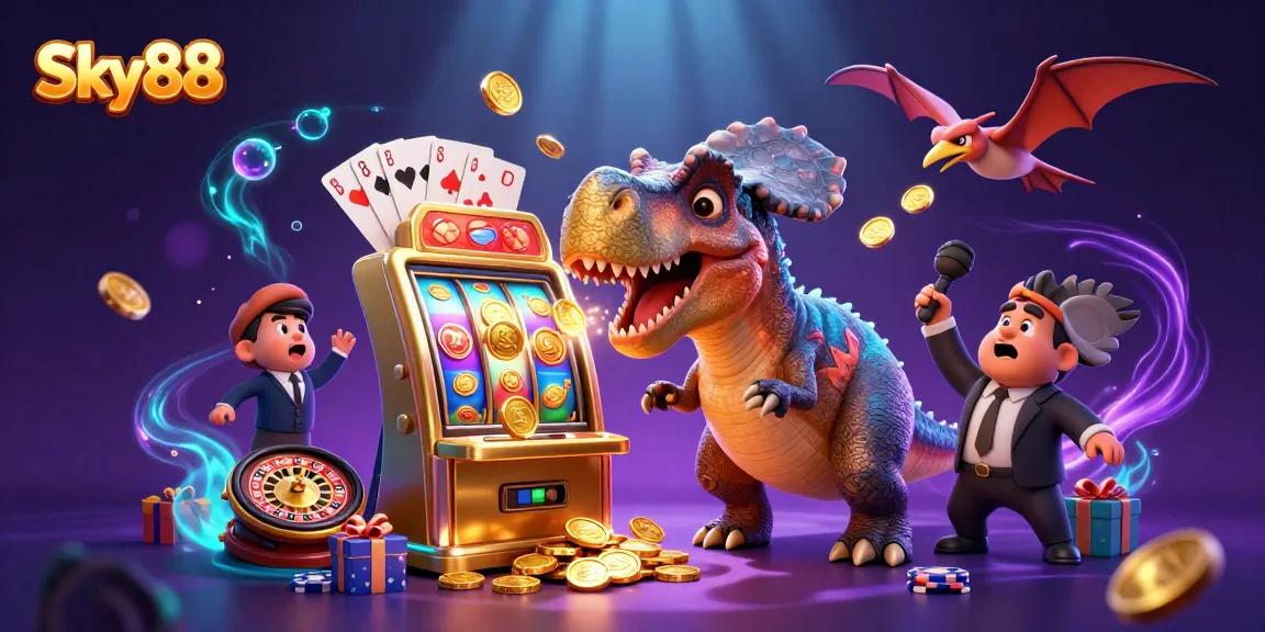 Sky88 scene with dinosaur-themed gambling fun; pachycephalosaurus plays slots and wins coins.