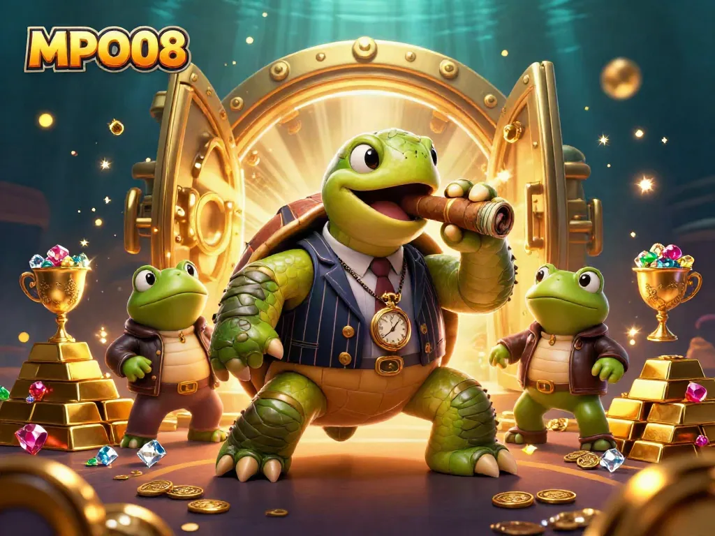 MPO08 showcases a vibrant casino scene with a massive turtle, bullfrog enforcers, and radiant treasures.