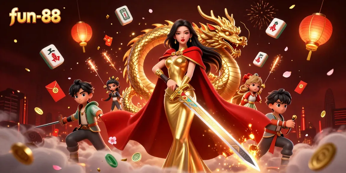 Join the excitement at fun-88 with a dynamic scene featuring majestic characters and festive gaming elements.