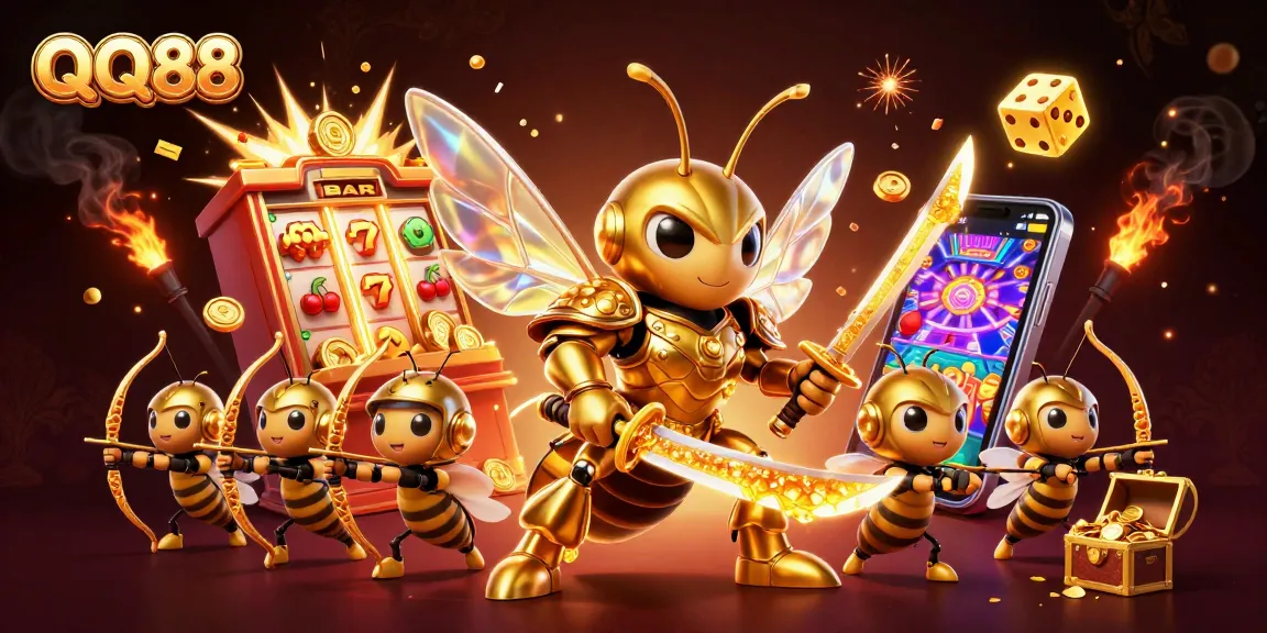 Experience thrilling gameplay at QQ88 with an enchanting golden hornet amidst casino magic.
